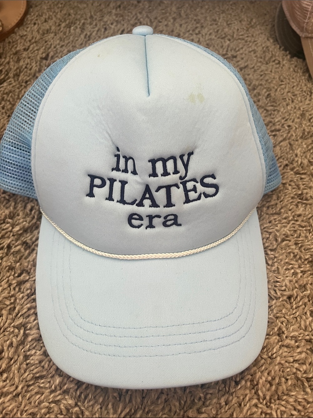 Light Blue Womens Mesh Trucker Hat with 'in my PILATES era' Embroidery